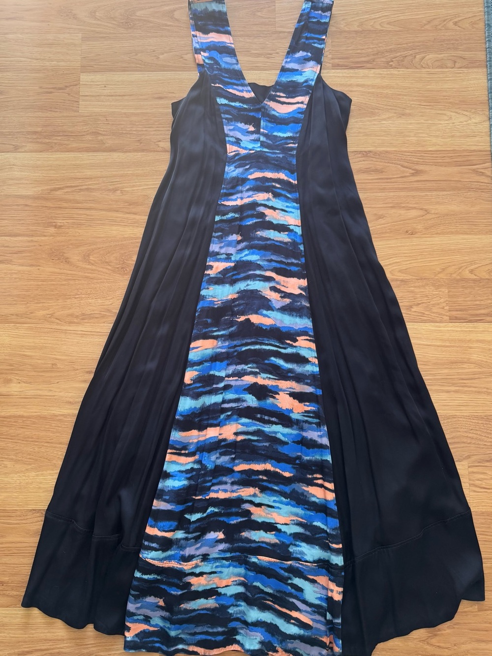 Anthropologie Black Maxi Dress with Blue and Coral Abstract Panel